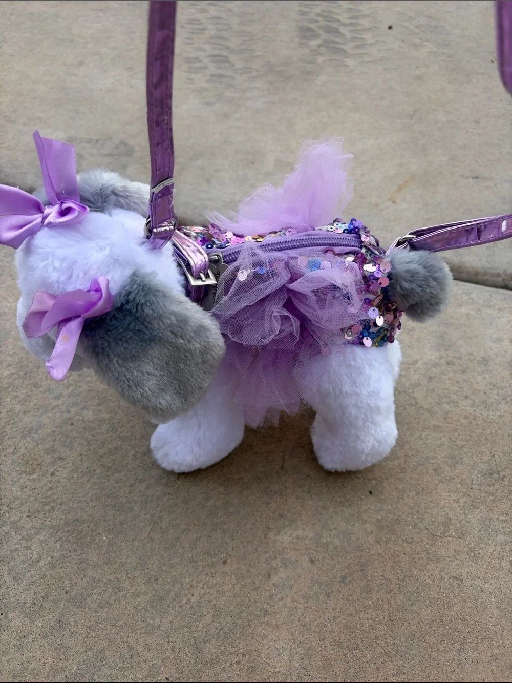 Plush White & Gray Puppy Toy with Lavender Bows Purse- Pet Play Plush